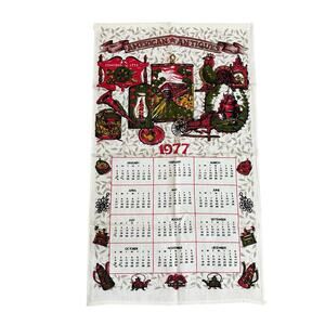 Vintage 1977 linen kitchen tea towel calendar dish cloth olive green deep red